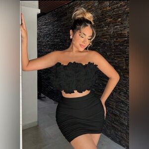 Elegant Black Ruched Top & Mini Skirt Set